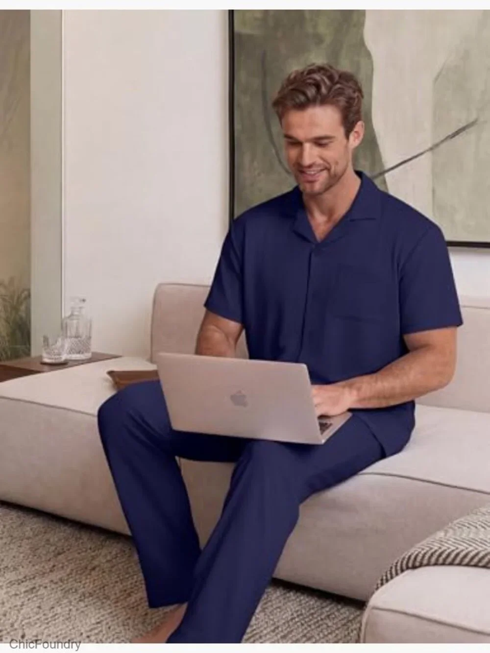 Mens Pajama Set Short Sleeve Button Down Sleepwear Long Pant Lounge Set with